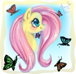 Size: 1359x1326 | Tagged: safe, artist:anthocat, fluttershy, butterfly, pony, g4, bust, female, portrait, profile, solo