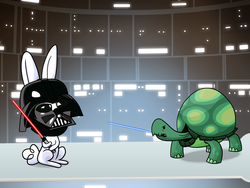 Size: 4000x3000 | Tagged: safe, artist:10art1, angel bunny, tank, rabbit, tortoise, g4, crossover, darth angel, darth vader, energy weapon, fight, lightsaber, luke skywalker, star wars, the tortoise and the hare, weapon
