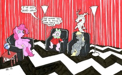 Size: 1690x1044 | Tagged: safe, derpy hooves, gummy, pinkie pie, spike, pegasus, pony, g4, female, mare, parody, red room, twin peaks