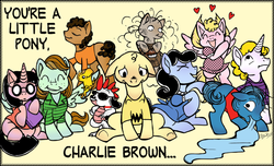 Size: 1024x623 | Tagged: safe, artist:opallene, charlie brown, crossover, dragonified, franklin armstrong, hilarious in hindsight, joe cool, linus van pelt, lucy van pelt, marcie, peanuts, peppermint patty, pig pen (peanuts), ponified, sally brown, schroeder, snoopy, woodstock (peanuts)