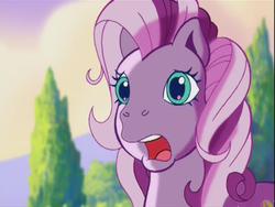 Size: 640x480 | Tagged: safe, screencap, wysteria, earth pony, pony, g3, the princess promenade, cloud, cute, female, garden, mare, multicolored mane, open mouth, scared, screaming, solo, teal eyes, tree, wysteriadorable