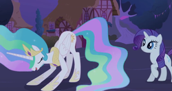 Size: 678x361 | Tagged: safe, screencap, princess celestia, rarity, alicorn, pony, unicorn, g4, magical mystery cure, bend over, bowing, female, mare, night, out of context, presenting