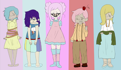 Size: 846x493 | Tagged: safe, artist:maareep, applejack, fluttershy, pinkie pie, rainbow dash, rarity, human, g4, glasses, humanized, swapped cutie marks