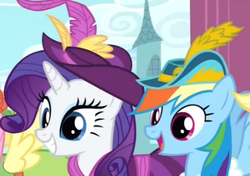 Size: 391x276 | Tagged: safe, screencap, rainbow dash, rarity, g4, magical mystery cure, clothes, coronation dress, dress, hat, smiling
