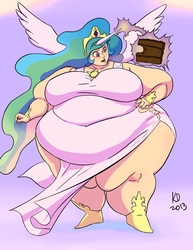 Size: 842x1089 | Tagged: safe, artist:kawaiidebu, princess celestia, human, g4, alicorn humanization, bbw, belly, big belly, big breasts, bingo wings, breasts, busty princess celestia, cake, cakelestia, chocolate, chubbylestia, clothes, dress, fat, female, horn, horned humanization, huge, huge belly, huge breasts, humanized, morbidly obese, obese, solo, ssbbw, torn clothes, wide hips, winged humanization