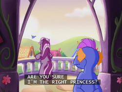 Size: 640x480 | Tagged: safe, screencap, master kenbroath gilspotten heathspike, wysteria, dragon, earth pony, pony, g3, the princess promenade, back to viewer, balcony, cloud, female, flag, hands behind back, hill, houses, long mane, long tail, male, princess, princess wysteria, sad, subtitles, talking, two toned mane, two toned tail
