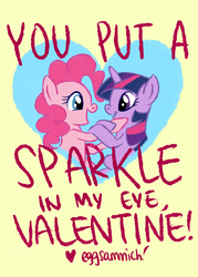 Size: 1589x2223 | Tagged: dead source, safe, artist:eggsammich, pinkie pie, twilight sparkle, earth pony, pony, unicorn, g4, cute, female, happy, lesbian, ship:twinkie, shipping, unicorn twilight, valentine