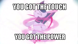 Size: 854x480 | Tagged: safe, edit, edited screencap, screencap, twilight sparkle, pony, unicorn, g4, magical mystery cure, caption, female, image macro, magic, mare, solo, stan bush, the touch, transformers, unicorn twilight