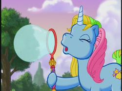 Size: 640x480 | Tagged: safe, screencap, whistle wishes, pony, g3, the runaway rainbow, bubble, bubble wand, female, open mouth, solo, tree