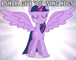 Size: 582x456 | Tagged: safe, edit, edited screencap, screencap, twilight sparkle, alicorn, pony, g4, magical mystery cure, bronybait, caption, female, hug, image macro, implied hugging, incoming hug, mare, solo, spread wings, twilight sparkle (alicorn), wings