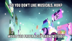 Size: 854x480 | Tagged: safe, edit, edited screencap, screencap, applejack, lemon hearts, minuette, pinkie pie, princess celestia, rarity, twilight sparkle, alicorn, pony, unicorn, g4, magical mystery cure, ascension realm, caption, clip show, duo, female, image macro, mare, musical, princess celestia's special princess making dimension, text, unicorn twilight