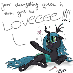 Size: 600x600 | Tagged: safe, artist:rinikka, queen chrysalis, changeling, nymph, g4, crying, cute, cutealis, female, heart, love, on side, open mouth, puppy dog eyes, sad, sick, solo, thermometer