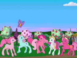 Size: 800x600 | Tagged: source needed, safe, ivy, light heart, morning glory (g2), sundance (g2), sunsparkle, sweet berry, butterfly, g2, my little pony: friendship gardens, butt, core four, plot, video game