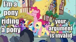 Size: 638x354 | Tagged: safe, edit, edited screencap, screencap, amethyst star, applejack, berry punch, berryshine, bon bon, carrot top, cherry berry, cherry cola, cherry fizzy, cloud kicker, comet tail, derpy hooves, dizzy twister, doctor whooves, fluttershy, golden harvest, linky, mjölna, neon lights, orange swirl, pinkie pie, pokey pierce, rainbow dash, rainbowshine, rising star, shoeshine, sparkler, spring melody, sprinkle medley, sweetie drops, time turner, twilight sparkle, pegasus, pony, a friend in deed, g4, argument, caption, confetti, female, image macro, mare, parade, pinkie pie riding applejack, ponies riding ponies, ponyville, riding, smile song, your argument is invalid