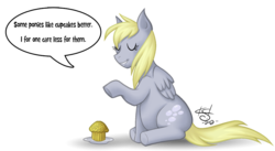 Size: 850x466 | Tagged: safe, artist:athousandknives, derpy hooves, pegasus, pony, g4, chubby, female, frank zappa, muffin, plate, simple background, solo, speech bubble, transparent background, tribute