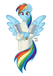 Size: 579x836 | Tagged: safe, artist:athousandknives, rainbow dash, pegasus, pony, g4, chef, cleaver, clothes, costume, female, knife, simple background, solo, tattoo, transparent background