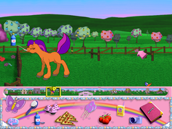 Size: 800x600 | Tagged: safe, oc, oc only, butterfly, earth pony, pony, g2, my little pony: friendship gardens, angry, apple, book, camera, cupcake, disgusted, female, food, game, juice, mare, medicine, pc game, rainbow, sick, spoon, tree, video game