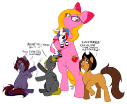 Size: 918x750 | Tagged: safe, artist:athousandknives, oc, oc only, oc:blackberry tart, oc:charmer, oc:cynical pink, oc:death metal, oc:varsel, earth pony, pegasus, pony, unicorn, zebracorn, family, fight, glasses, hat, mom, mother's day, swag