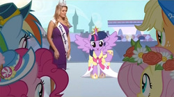 Size: 1074x600 | Tagged: safe, applejack, fluttershy, pinkie pie, rainbow dash, twilight sparkle, alicorn, earth pony, human, pegasus, pony, g4, big crown thingy, clothes, coronation dress, dress, female, hat, human in equestria, irl, irl human, mallory hagan, mane six, mare, miss america, photo, spread wings, twilight sparkle (alicorn), wings