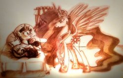 Size: 900x568 | Tagged: safe, artist:peachpalette, princess celestia, oc, oc:artsy dreamscapes, g4, bed, bedroom, pencil drawing, princess, roleplay, rp, sepia, shifted, shocked, sketch, traditional art