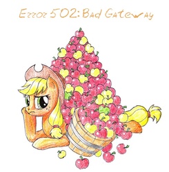 Size: 700x714 | Tagged: safe, artist:sirzi, applejack, earth pony, pony, g4, 502 bad gateway, :c, annoyed, apple, barrel, basket, female, frown, http status code, leaning, looking back, prone, simple background, solo, stuck, traditional art, white background, who's a silly pony