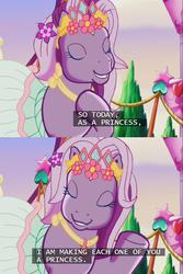 Size: 639x958 | Tagged: safe, edit, edited screencap, screencap, wysteria, earth pony, pony, g3, the princess promenade, clothes, cloud, eyes closed, female, flower, flower in hair, hoof on chest, jewelry, mare, multicolored mane, multicolored tail, necklace, parade float, princess, princess wysteria, raised hoof, regalia, royal decree, skirt, smiling, speech, talking, tiara, tree