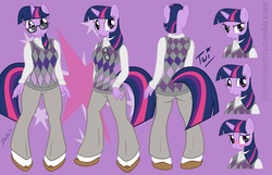 Size: 1960x1260 | Tagged: safe, artist:devanstar, twilight sparkle, unicorn, anthro, g4, argyle, blushing, button-up shirt, clothes, cutie mark background, female, glasses, horn, loafers, pants, purple background, shirt, simple background, solo, sweater vest, unicorn twilight