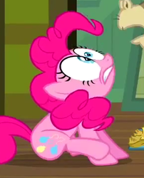 Size: 291x360 | Tagged: safe, screencap, pinkie pie, earth pony, pony, a friend in deed, g4, cropped, female, mare, offscreen character, shrunken pupils, solo focus, wide eyes