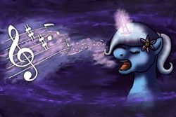 Size: 750x500 | Tagged: safe, artist:time-beast, trixie, pony, unicorn, g4, bust, clef, eyes closed, female, flower, flower in hair, glowing horn, horn, music, music notes, ponytail, singing, solo