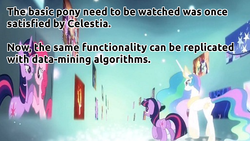 Size: 1920x1080 | Tagged: safe, edit, edited screencap, screencap, pinkie pie, princess celestia, twilight sparkle, alicorn, pony, unicorn, g4, magical mystery cure, ascension realm, deus ex, duo, ethereal mane, female, mare, princess celestia's special princess making dimension, quote, unicorn twilight, void