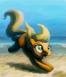 Size: 966x1134 | Tagged: safe, artist:assasinmonkey, applejack, earth pony, pony, g4, beach, female, loose hair, mare, solo, volleyball