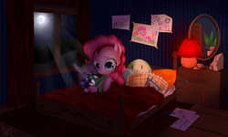 Size: 5000x3000 | Tagged: safe, artist:vardastouch, gummy, pinkie pie, g4, bed, drawing, filly, moon, night