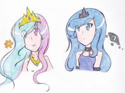 Size: 2464x1828 | Tagged: safe, artist:cutelittlekyli, princess celestia, princess luna, human, g4, humanized, traditional art