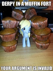 Size: 612x816 | Tagged: safe, artist:coall, derpy hooves, pegasus, pony, g4, female, figure, fort, funko, image macro, irl, mare, muffin, photo, toy, your argument is invalid
