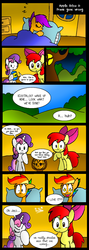 Size: 571x1600 | Tagged: safe, artist:neoncabaret, apple bloom, scootaloo, sweetie belle, earth pony, pegasus, pony, unicorn, comic:apple bites, g4, comic, cutie mark crusaders, facehoof, female, filly, hair dye