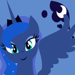 Size: 1000x1000 | Tagged: safe, artist:demonreapergirl, princess luna, alicorn, pony, g4, bust, cutie mark background, female, horn, jewelry, lineless, looking at you, mare, portrait, regalia, smiling, solo, spread wings, tiara, wings
