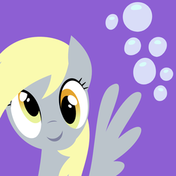 Size: 1000x1000 | Tagged: safe, artist:demonreapergirl, derpy hooves, pegasus, pony, g4, bubble, bust, cute, cutie mark background, derpabetes, female, lineless, looking at you, mare, portrait, purple background, simple background, smiling, solo, spread wings, wings