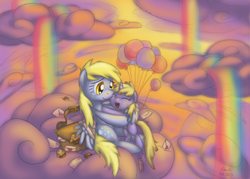 Size: 2116x1512 | Tagged: safe, artist:cazra, derpy hooves, dinky hooves, pegasus, pony, g4, balloon, cloud, cloudy, crying, equestria's best daughter, equestria's best mother, female, flying, heartwarming, hug, letter, mail, mailbag, mare, muffin, rainbow, tears of joy