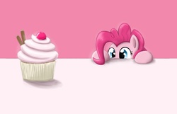 Size: 3492x2251 | Tagged: safe, artist:otakuap, pinkie pie, earth pony, pony, g4, cupcake, female, peeking, simple background, solo, soon