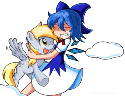 Size: 1012x776 | Tagged: safe, artist:kurus22, derpy hooves, pegasus, pony, g4, cirno, cloud, crossover, cute, derpabetes, female, happy, hug, mare, smiling, touhou, ⑨