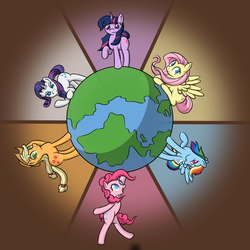 Size: 1000x1000 | Tagged: safe, artist:fearingfun, applejack, fluttershy, pinkie pie, rainbow dash, rarity, twilight sparkle, earth pony, pegasus, pony, unicorn, g4, applejack's hat, cowboy hat, female, hat, looking at you, mane six, mare, open mouth, open smile, smiling, smiling at you, unicorn twilight