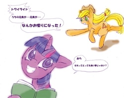 Size: 1063x836 | Tagged: safe, artist:ozu, applejack, twilight sparkle, g4, japanese, pixiv