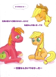 Size: 873x1200 | Tagged: safe, artist:ozu, applejack, big macintosh, earth pony, pony, g4, japanese, male, pixiv, stallion