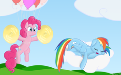 Size: 1920x1200 | Tagged: safe, artist:mcnum, pinkie pie, rainbow dash, g4, balloon, cloud, cloudy, cymbals, incoming prank, musical instrument, prank, sleeping, this will end in deafness, this will end in tears