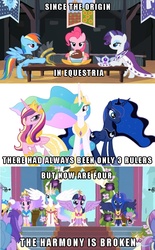 Size: 633x1018 | Tagged: safe, applejack, chancellor puddinghead, commander hurricane, pinkie pie, princess cadance, princess celestia, princess luna, princess platinum, rainbow dash, rarity, spike, twilight sparkle, alicorn, pony, g4, caption, comic, female, image macro, mare, twilight sparkle (alicorn)