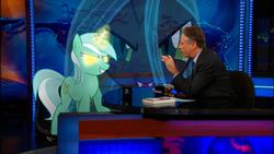 Size: 1680x945 | Tagged: safe, edit, lyra heartstrings, queen chrysalis, human, g4, glowing eyes, irl, irl human, jon stewart, photo, the daily show