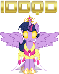 Size: 896x1122 | Tagged: safe, twilight sparkle, alicorn, pony, g4, cheat code, clothes, coronation dress, crossover, crown, doom, dress, female, glowing eyes, iddqd, jewelry, looking at you, mare, princess shoes, regalia, simple background, smiling, solo, spread wings, twilight sparkle (alicorn), white background