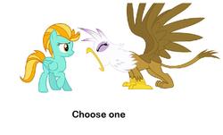 Size: 874x528 | Tagged: safe, gilda, lightning dust, griffon, pegasus, pony, g4, duo, duo female, female, gildust, mare, simple background, text, white background, why not both