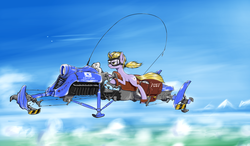 Size: 2275x1332 | Tagged: safe, artist:madhotaru, dinky hooves, pony, unicorn, g4, dieselpunk, female, filly, foal, goggles, hoverbike, older