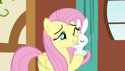 Size: 1280x720 | Tagged: safe, screencap, angel bunny, fluttershy, pony, g4, magical mystery cure, nuzzling